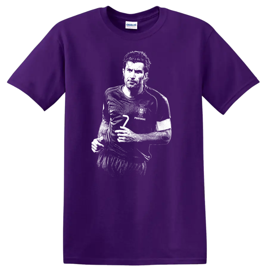 High-contrast retro soccer portrait of Luís Figo style graphic T-shirt - Purple