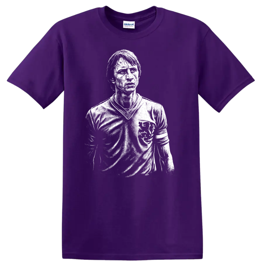 Black and white retro soccer portrait graphic T shirt inspired by Johan - Purple