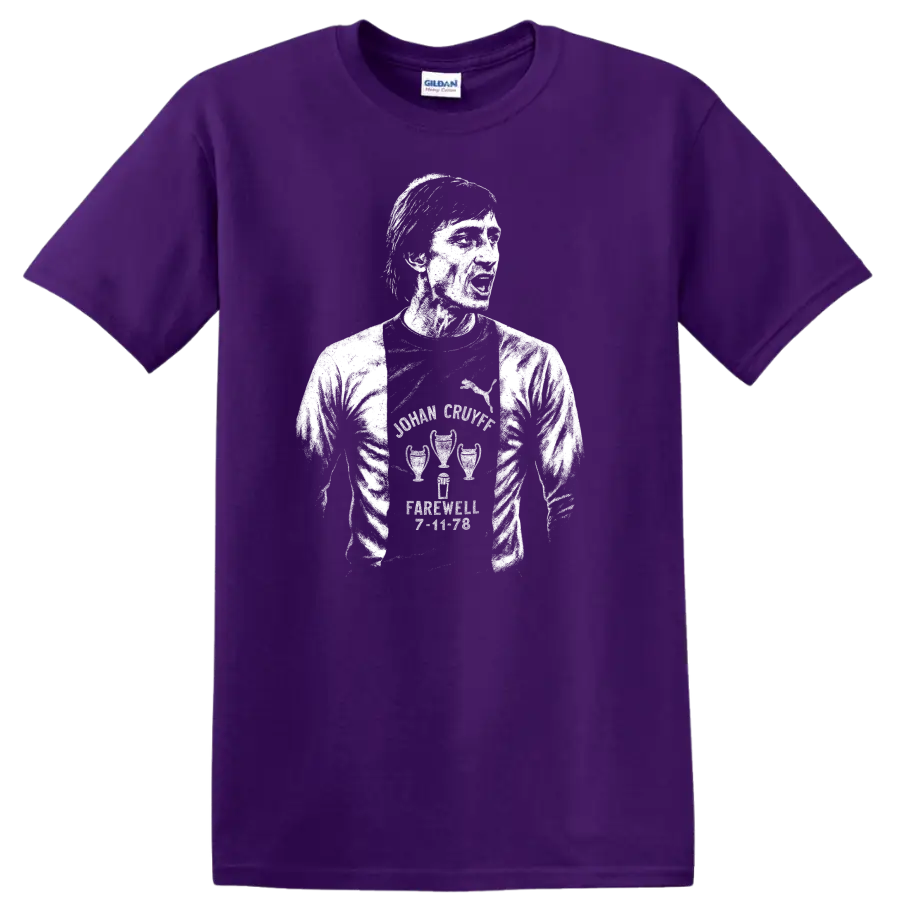 Retro black and white soccer legend portrait graphic T - Purple