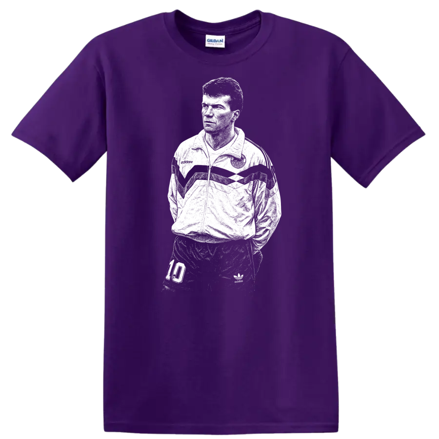 Retro soccer legend portrait graphic T Shirt inspired by Matthias - Purple