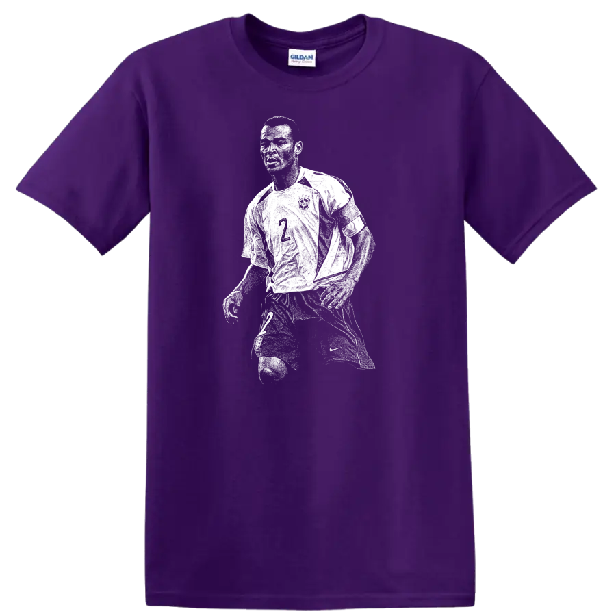 Retro pixel-style Ronaldo Nazário soccer portrait on black T - Purple