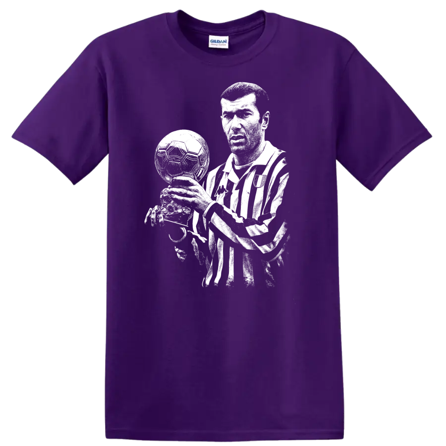 Black and white retro soccer portrait of Zinedine Zidane style T - Purple