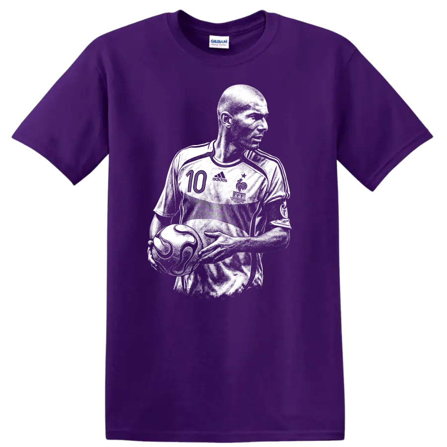 Retro soccer portrait of Zinedine Zidane in bold black and white style T - Purple