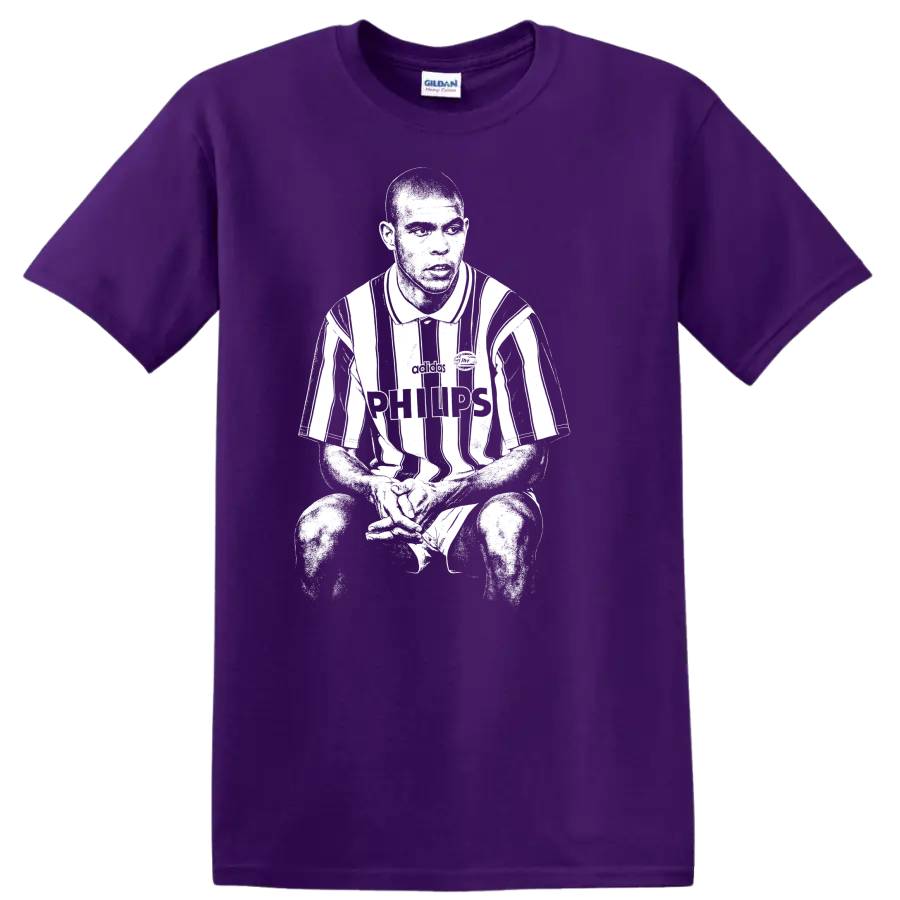 Black and white retro soccer portrait of Ronaldo Nazário style graphic T - Purple