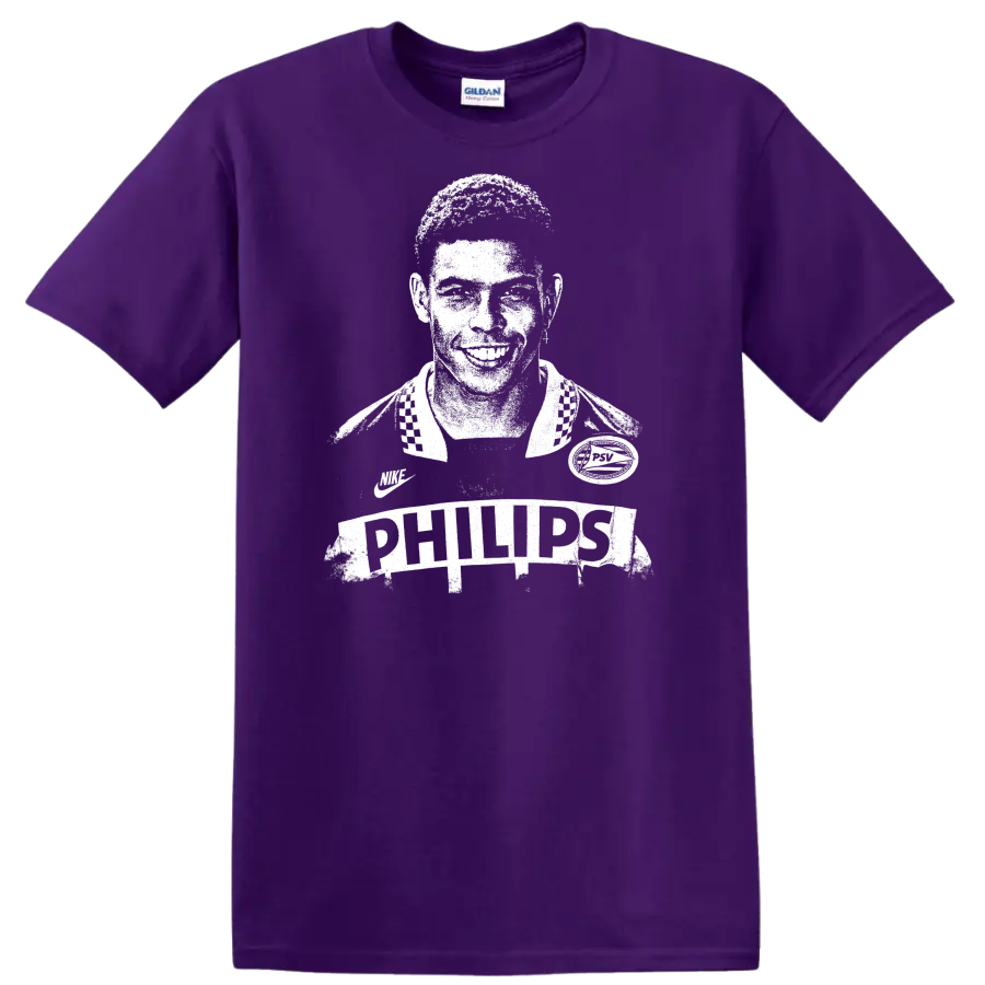 Retro soccer legend portrait design inspired by Ronaldo Nazário with bold vintage style T - Purple