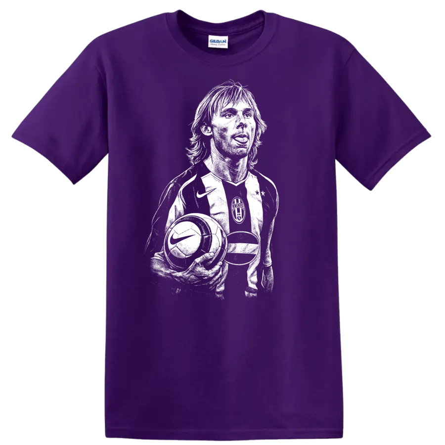 Black and white retro soccer portrait graphic T shirt featuring Pavel - Purple