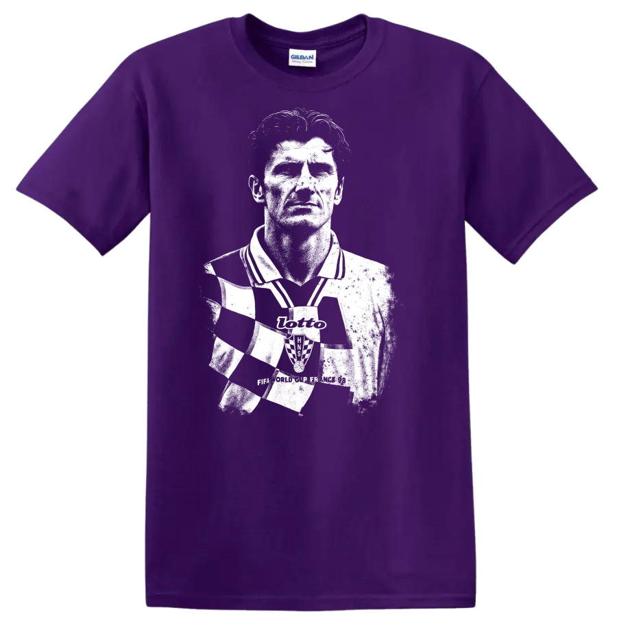 High-contrast retro soccer portrait of Davor Šuker graphic T - Purple