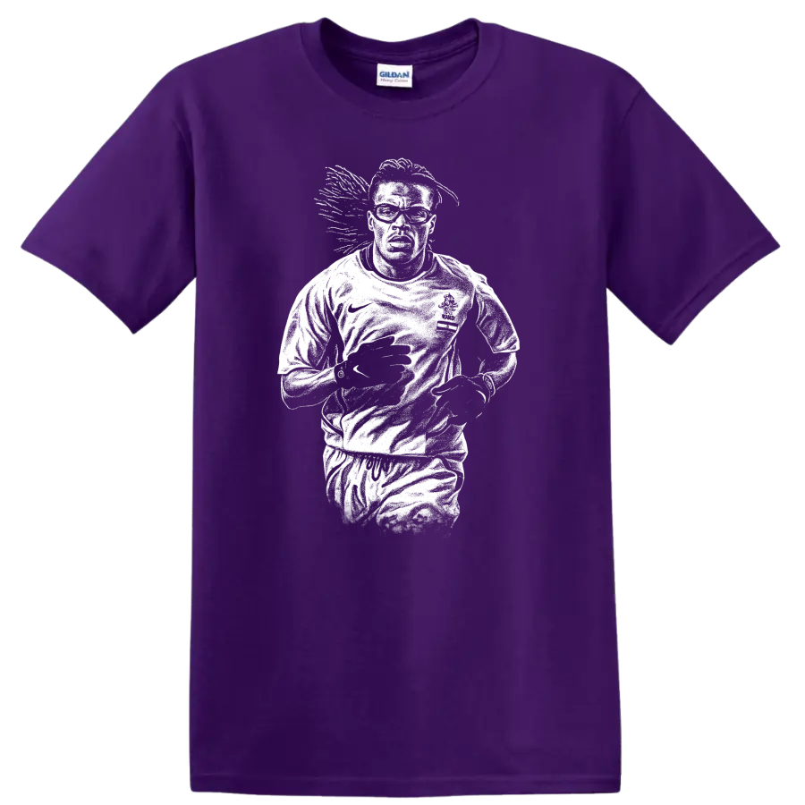 High-contrast retro soccer portrait of Edgar Davids inspired legend style T - Purple
