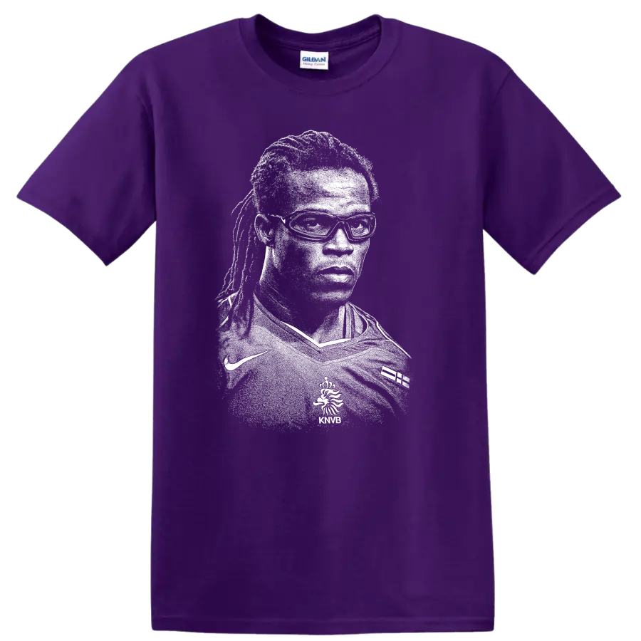 Black and white retro soccer player portrait T - Purple