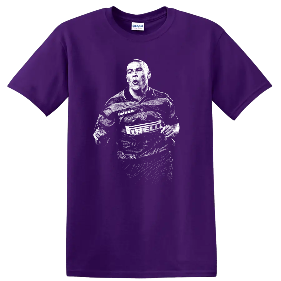Retro soccer legend portrait of Ronaldo Nazário style graphic T - Purple