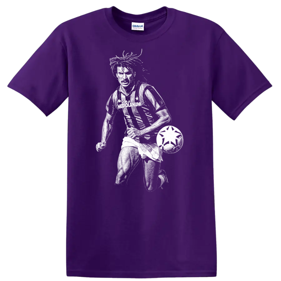 Retro black-and-white Ruud Gullit soccer portrait silhouette T - Purple