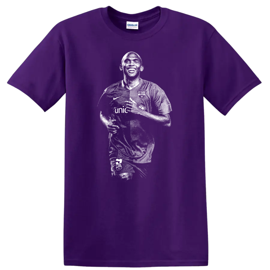 Retro soccer portrait style of Samuel Eto'o on a black T - Purple