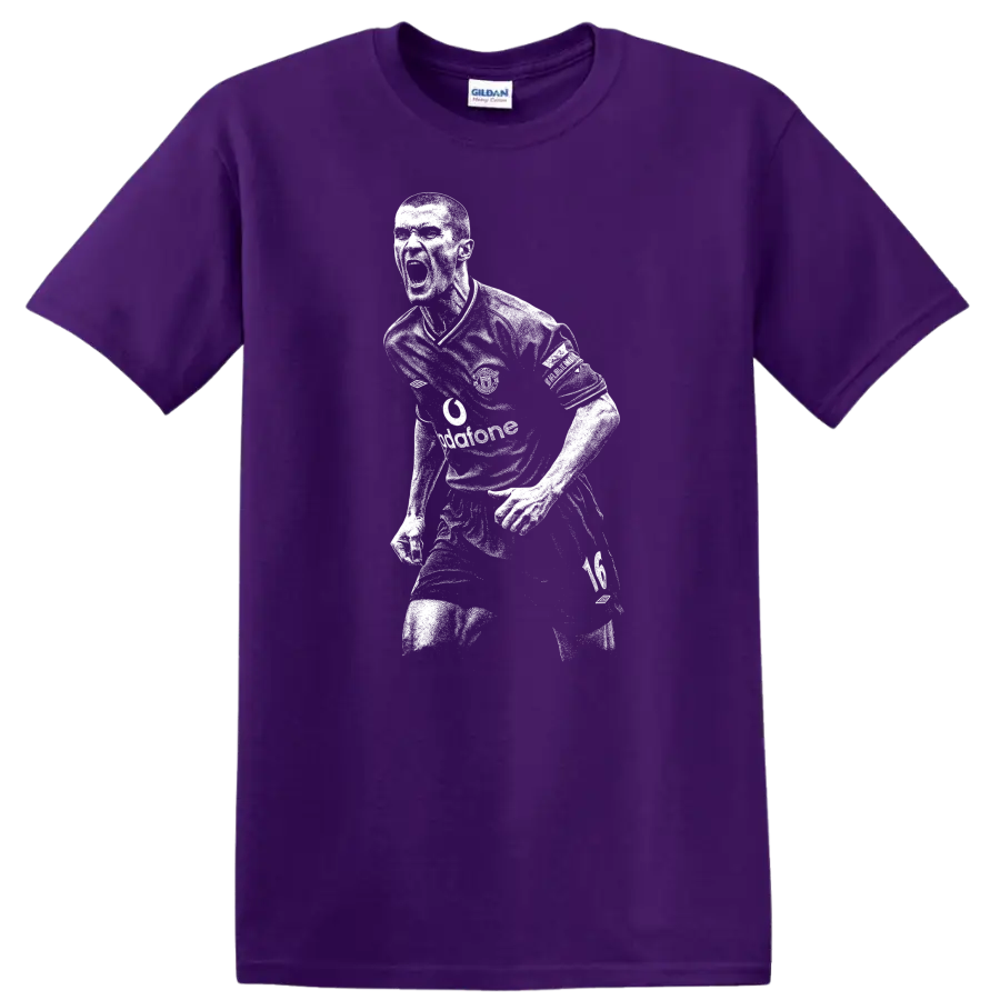 High-contrast retro soccer portrait of Roy Keane style T-shirt - Purple