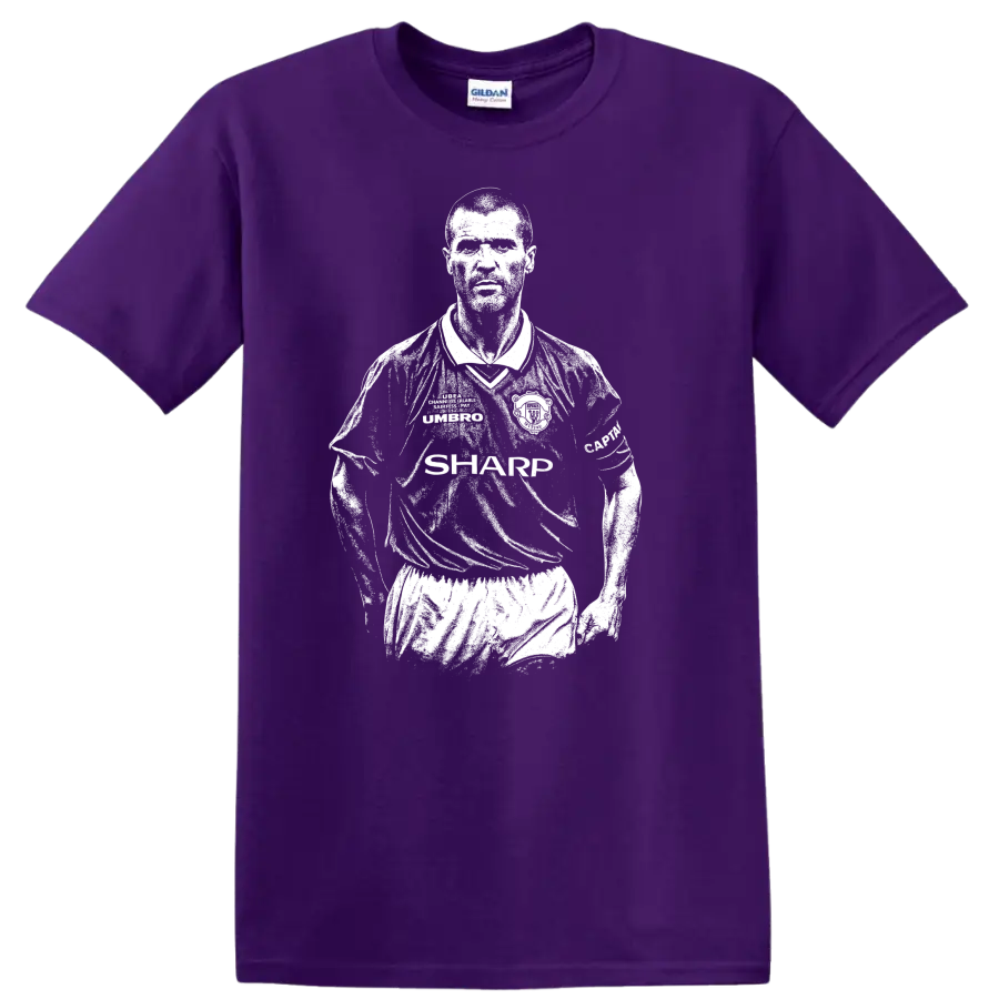 Black and white retro soccer portrait of Roy Keane style T - Purple