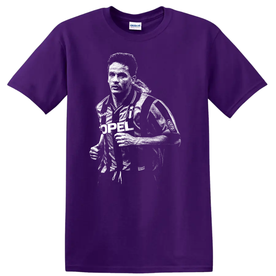 Black and white retro soccer portrait of Roberto Baggio on a T - Purple