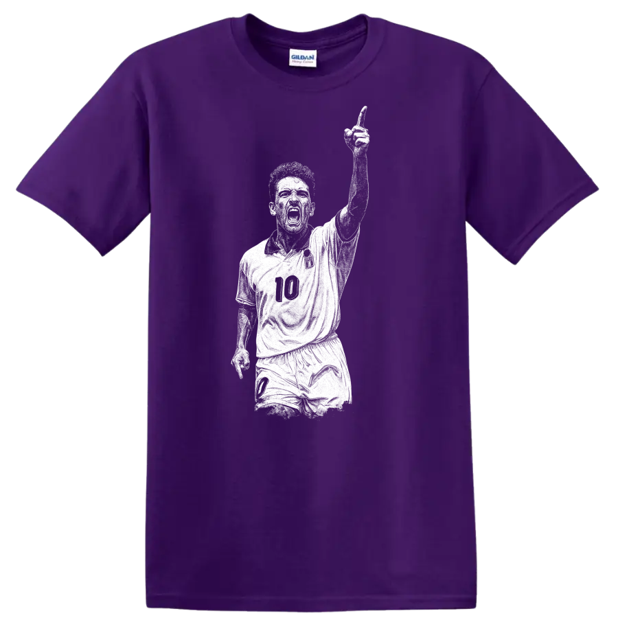 Retro soccer legend portrait of Roberto Baggio in bold black and white T Shirt - Purple