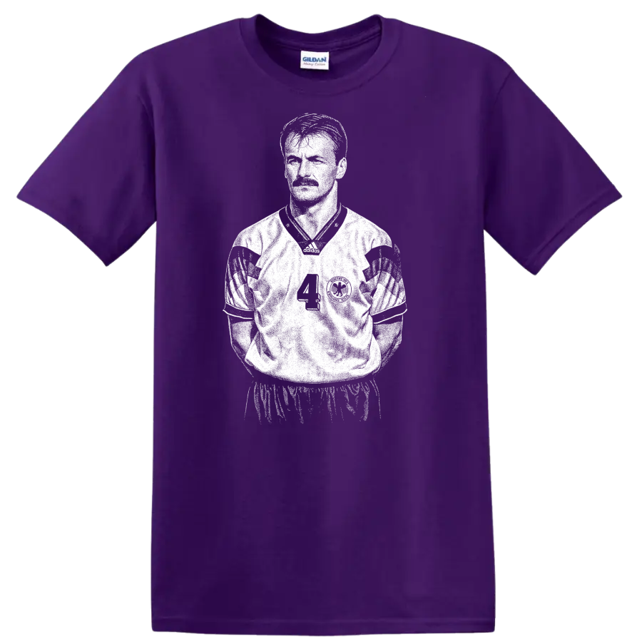 Retro soccer legend portrait style graphic featuring Jürgen Kohler on a T - Purple