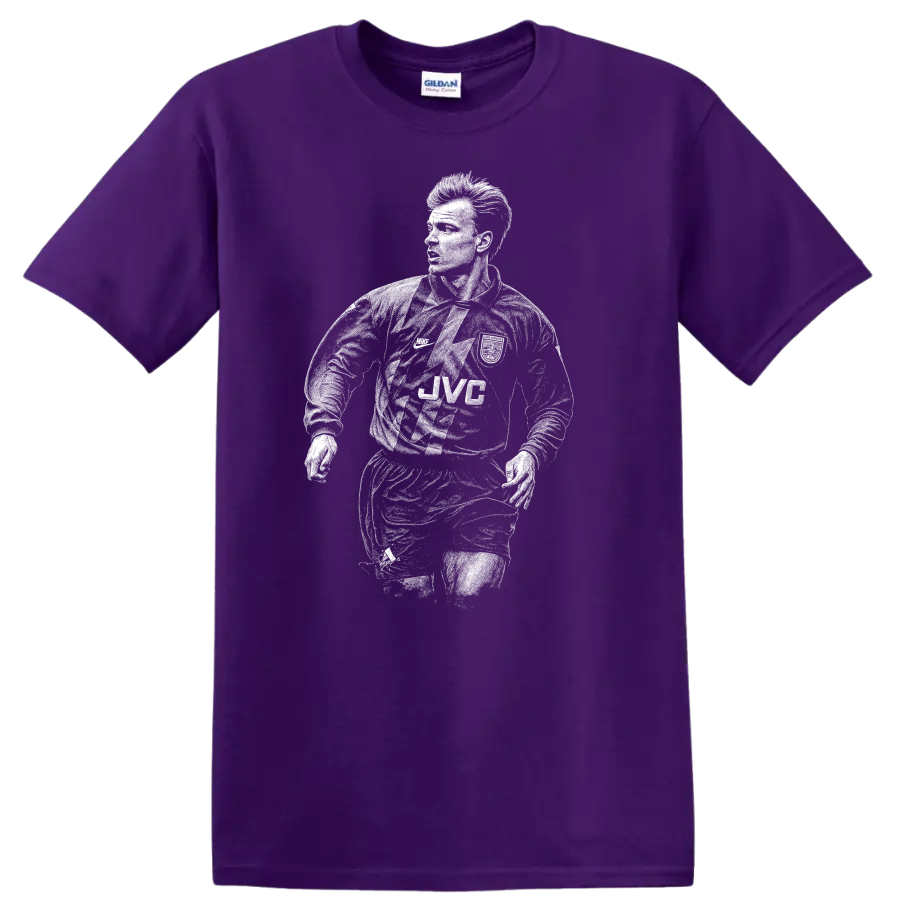 Retro soccer portrait of Dennis Bergkamp legend style T - Purple