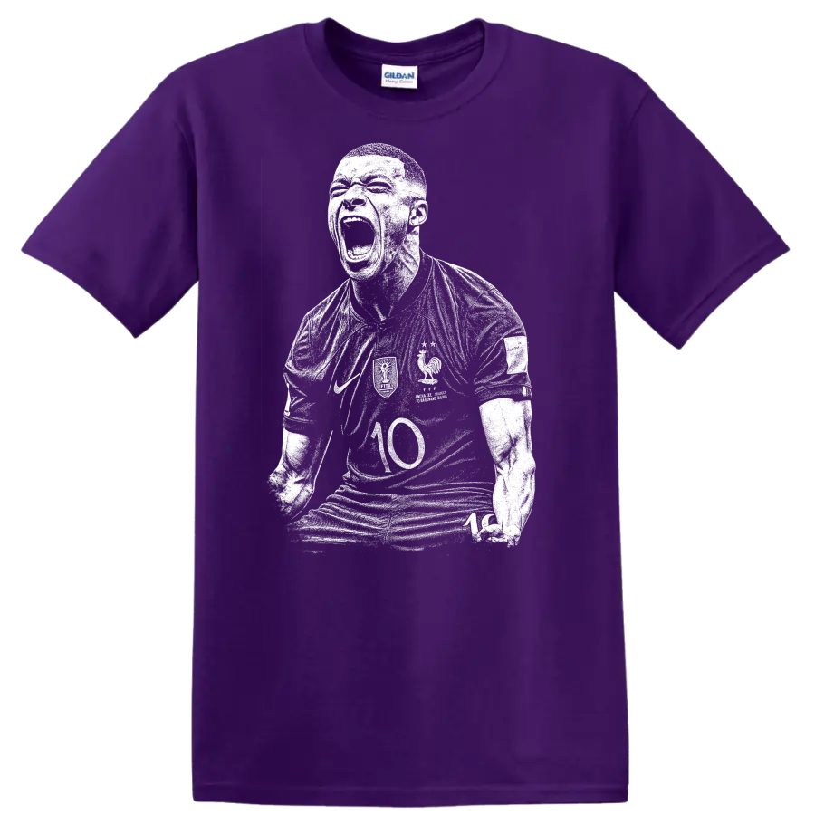 Black and white retro soccer portrait style Kylian Mbappe T Shirt - Purple