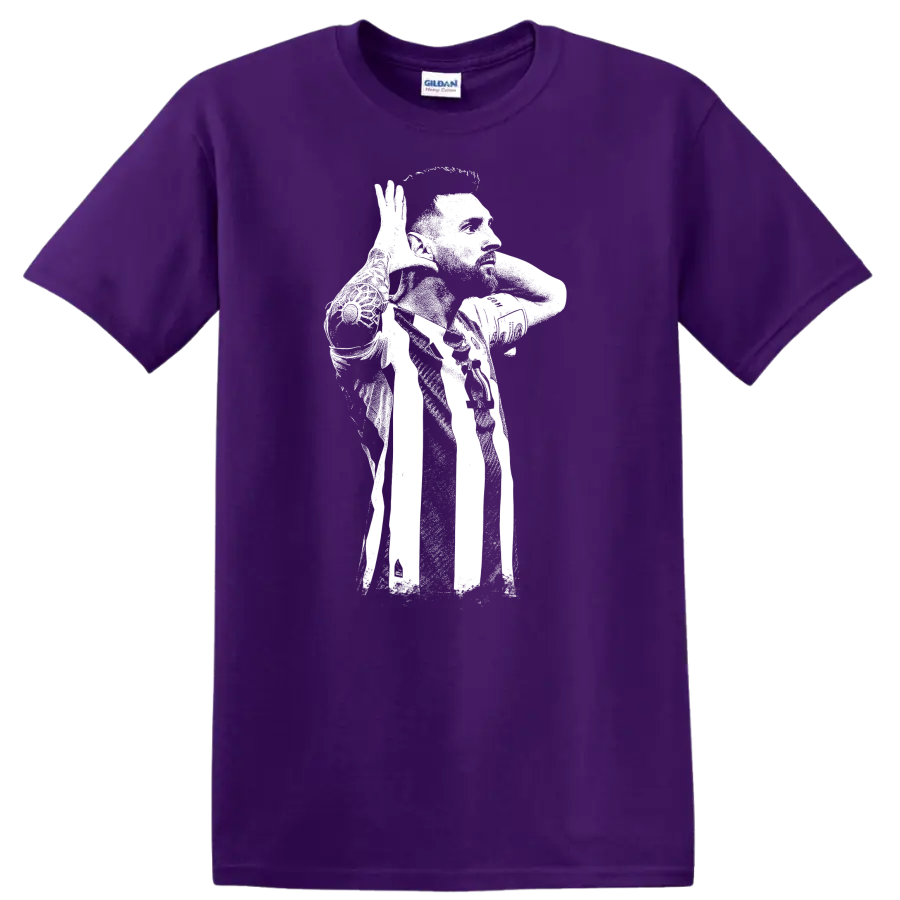 High-contrast retro soccer portrait of Lionel Messi style graphic - Purple