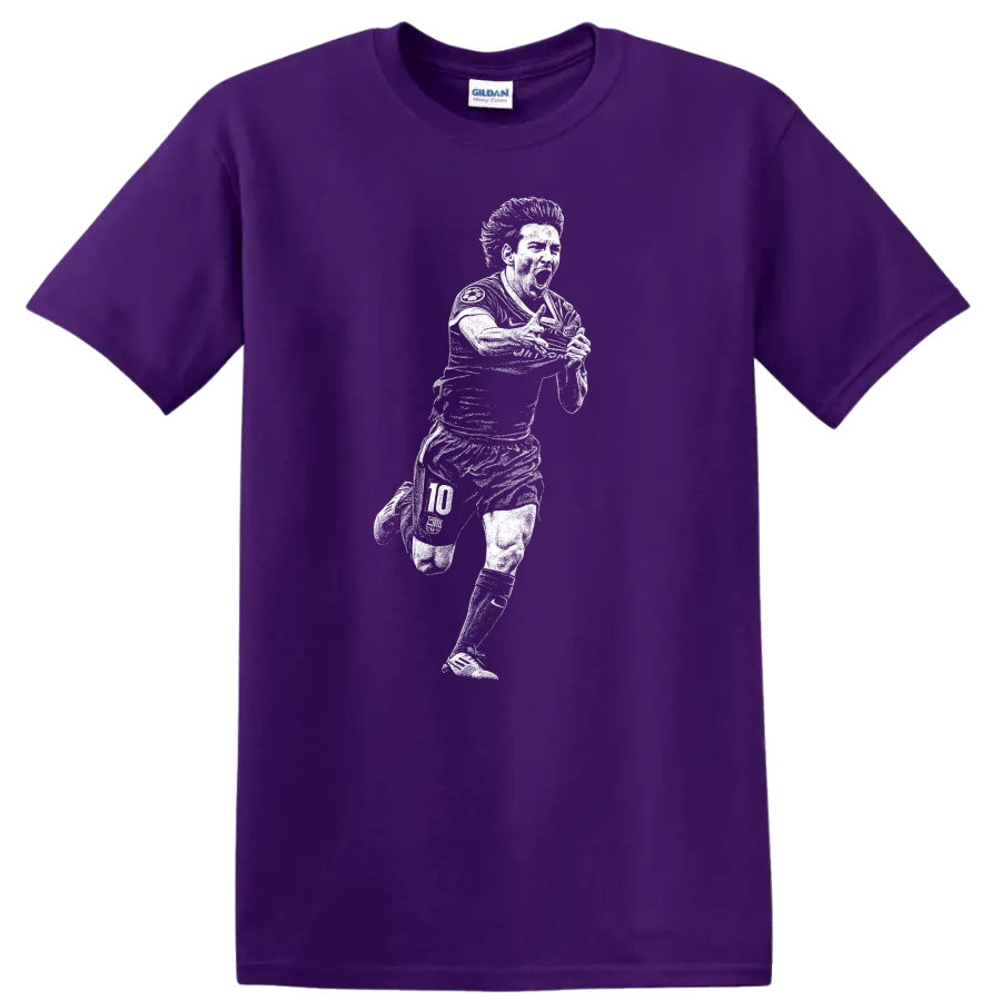 Retro soccer portrait of Lionel Messi legend style T - Purple