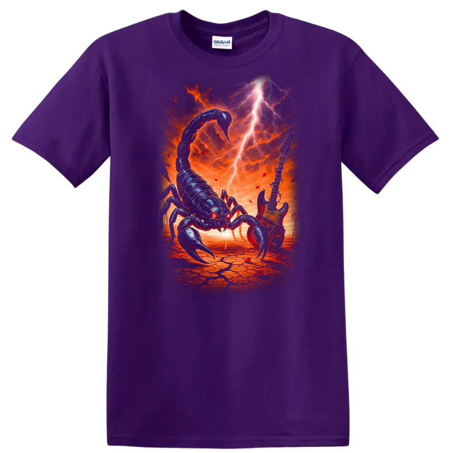 Heavy Metal Scorpion Guitar Retro Rock Band Album Art T Shirt - Purple
