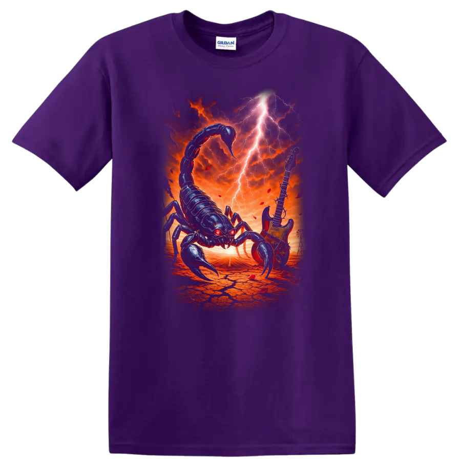 Vintage classic rock scorpion graphic T shirt design on a Purple T Shirt