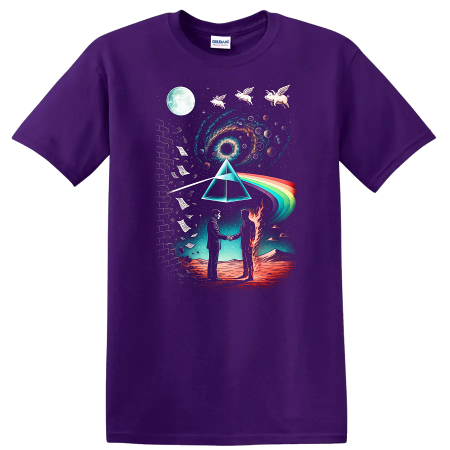 Vintage Pink Floyd inspired T Shirt with cosmic art and rainbow design on a Purple T Shirt