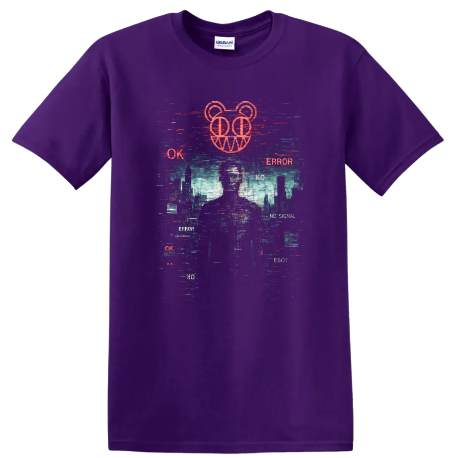 Vintage Classic Rock Album Cover Art T Shirt inspired by Radiohead on a Purple T Shirt