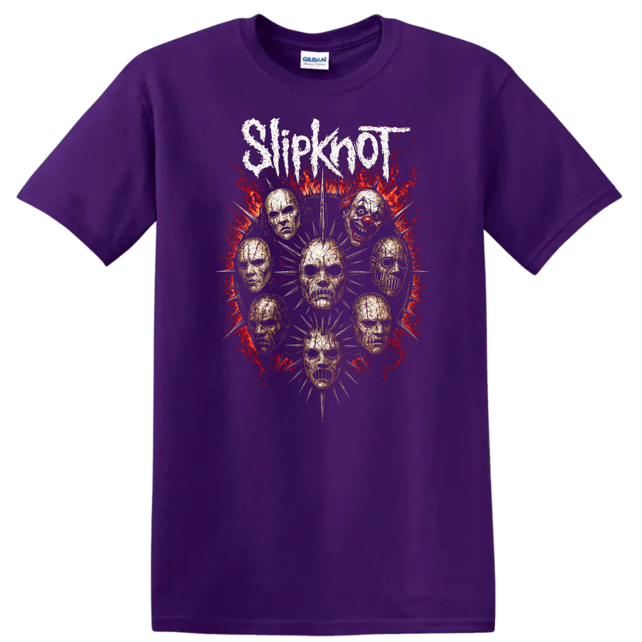 Retro Metal Skull Masks Heavy Rock Album Art T Shirt - Purple