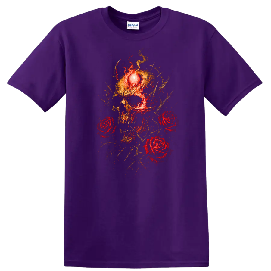 Retro Heavy Metal Skull Roses Fire T Shirt Dark Rock Band Cover Style - Purple