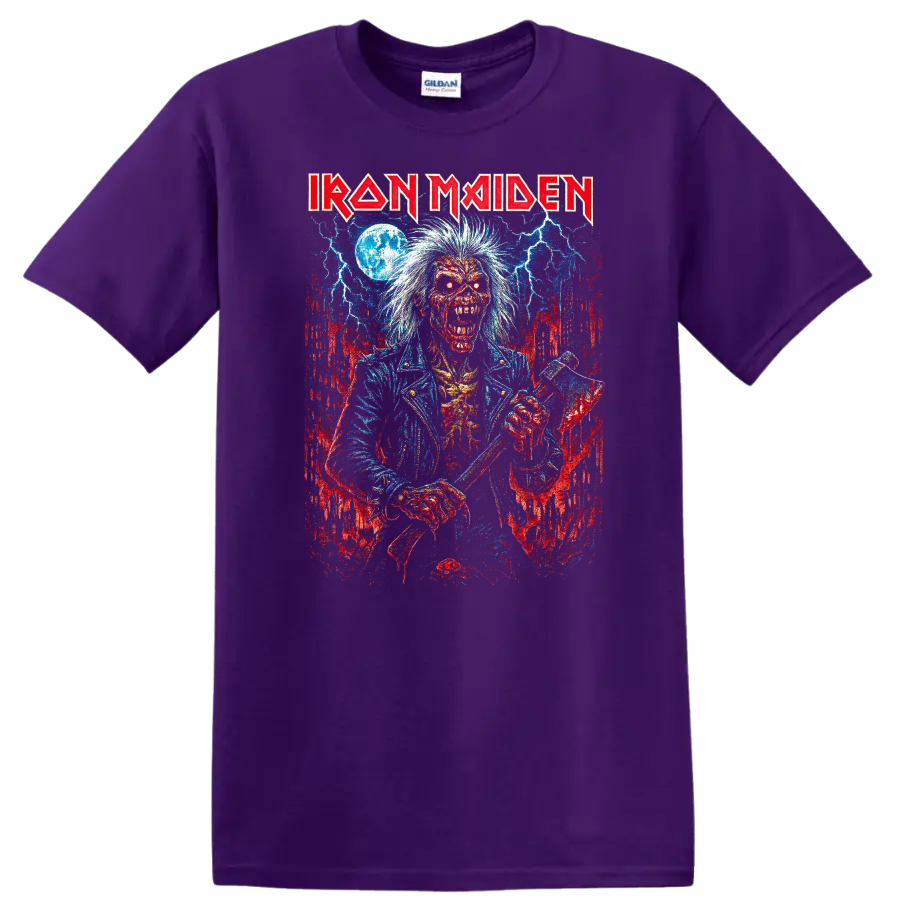 Iron Maiden Retro Heavy Metal Album Art Distressed T Shirt - Purple