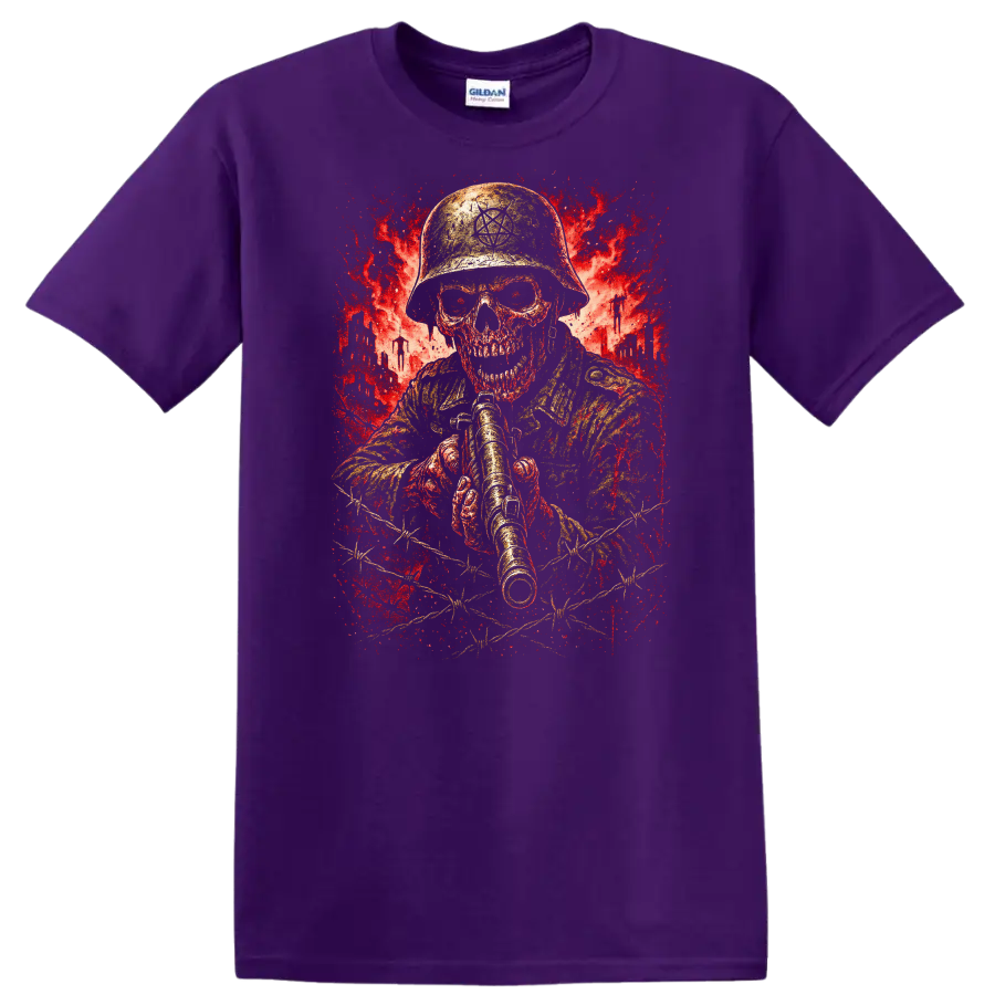 Retro Heavy Metal Skull Soldier Helmet T Shirt Red Explosion Graphic - Purple