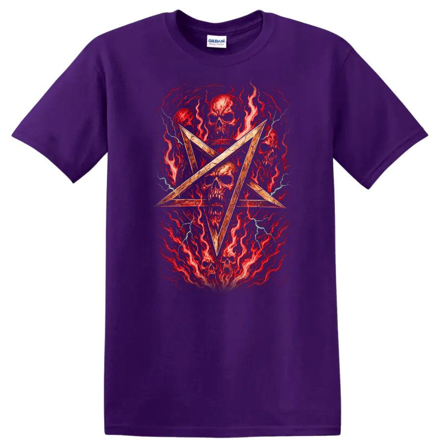 Retro Heavy Metal Skull Pentagram Album Cover Style T Shirt - Purple