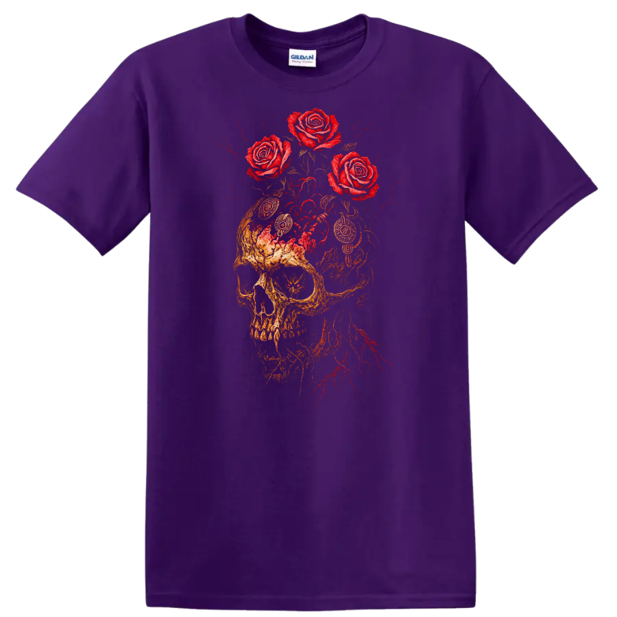 Retro Rock Skull and Roses Heavy Metal Graphic T Shirt - Purple