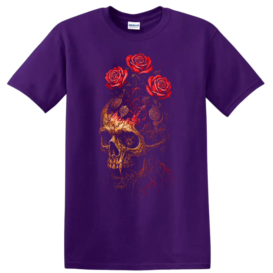 Vintage classic rock skull with roses graphic print T Shirt on a Purple T Shirt