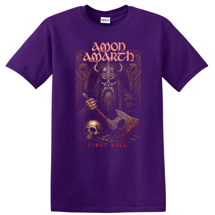 Amon Amarth First Kill T Shirt with Viking warrior design on a Purple T Shirt
