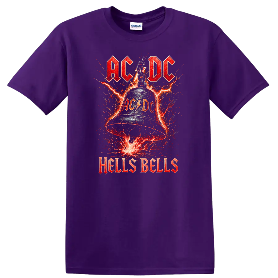 AC/DC Hells Bells Retro Heavy Metal Lightning T Shirt on a Purple T Shirt