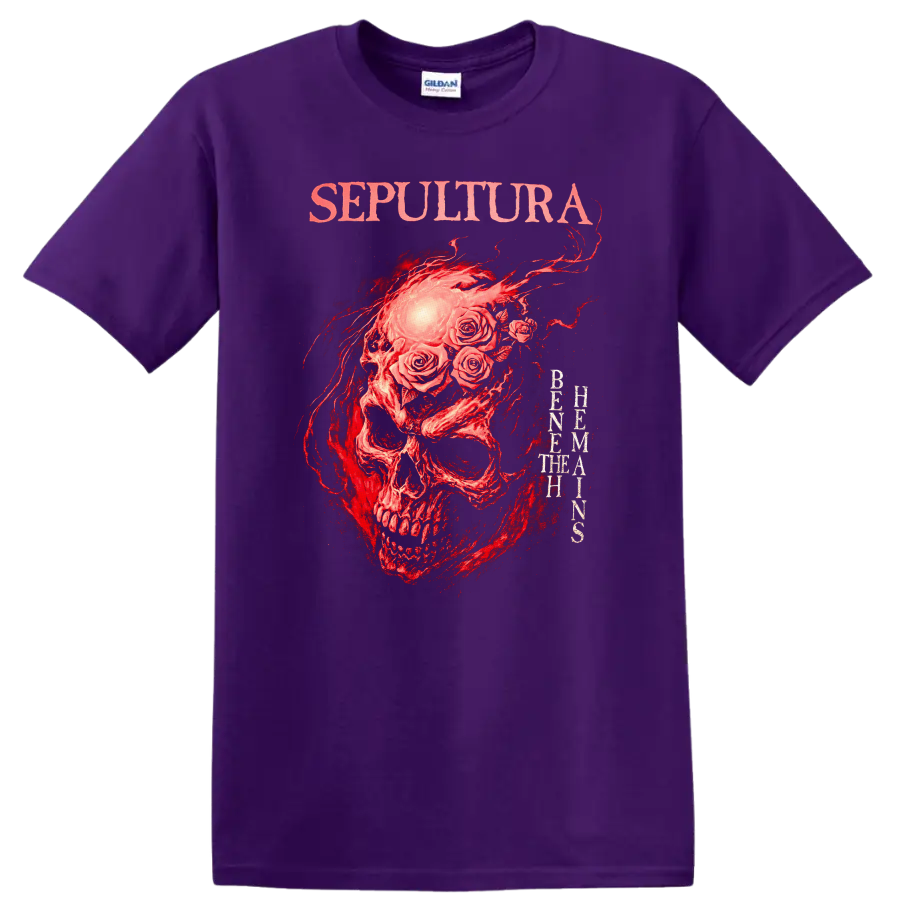 Sepultura Skull Roses Retro Heavy Metal Band Album Cover T Shirt - Purple
