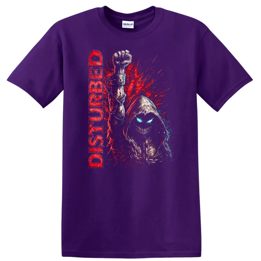 Disturbed Retro Heavy Metal Album Cover Style T Shirt for Rock Fans - Purple