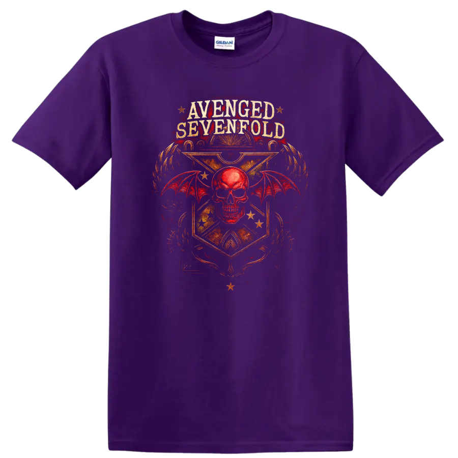 Avenged Sevenfold Retro Heavy Metal Skull Wings T Shirt on a Purple T Shirt