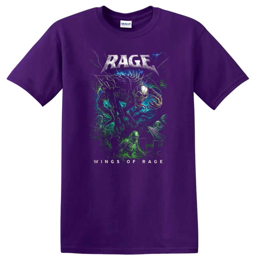 Rage Heavy Metal Album Cover Style Graphic T Shirt for Rock Fans - Purple