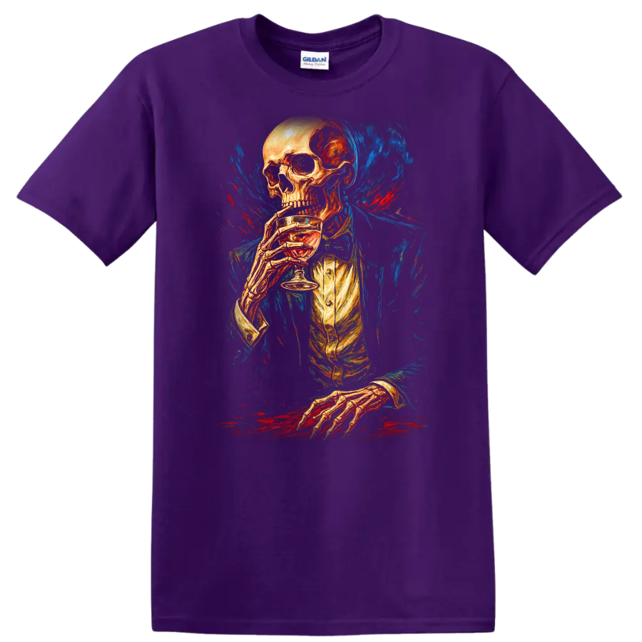Vintage gothic skeleton in formal attire holding a drink amid blue and red painterly on a Purple T Shirt