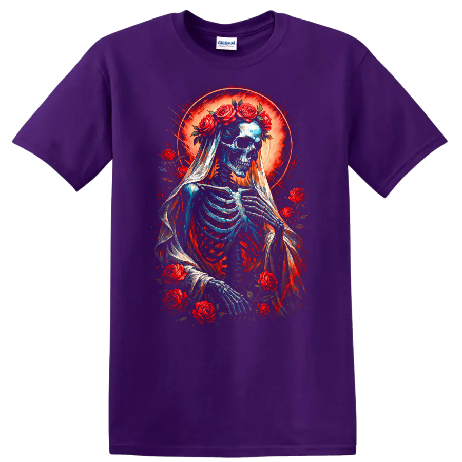 Vintage gothic skeleton bride in a veil with red roses and glowing red halo on a Purple T Shirt