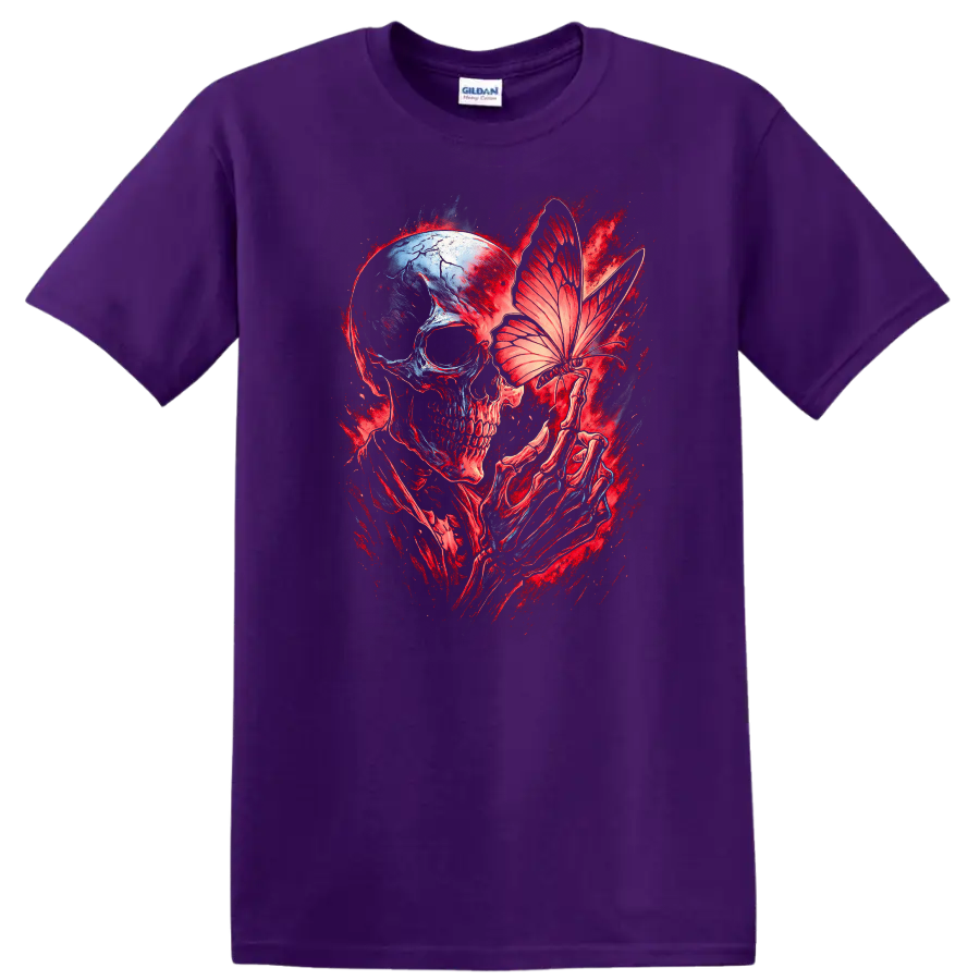 Gothic skull with skeletal hands holding a butterfly in red and blue dark art on a Purple T Shirt