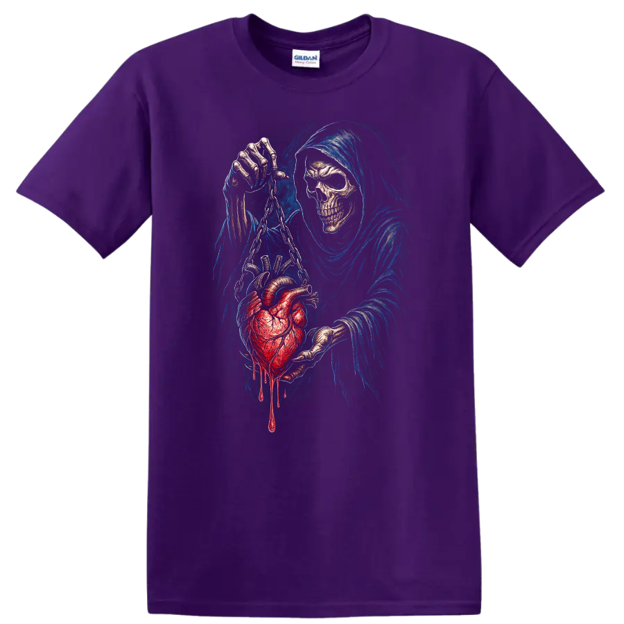 Grim Reaper skull holding a chained bleeding heart in detailed gothic horror art on a Purple T Shirt