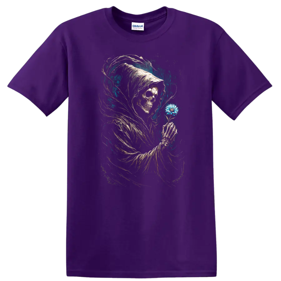 Hooded Grim Reaper skull holding blue flower in vintage gothic dark art on a Purple T Shirt