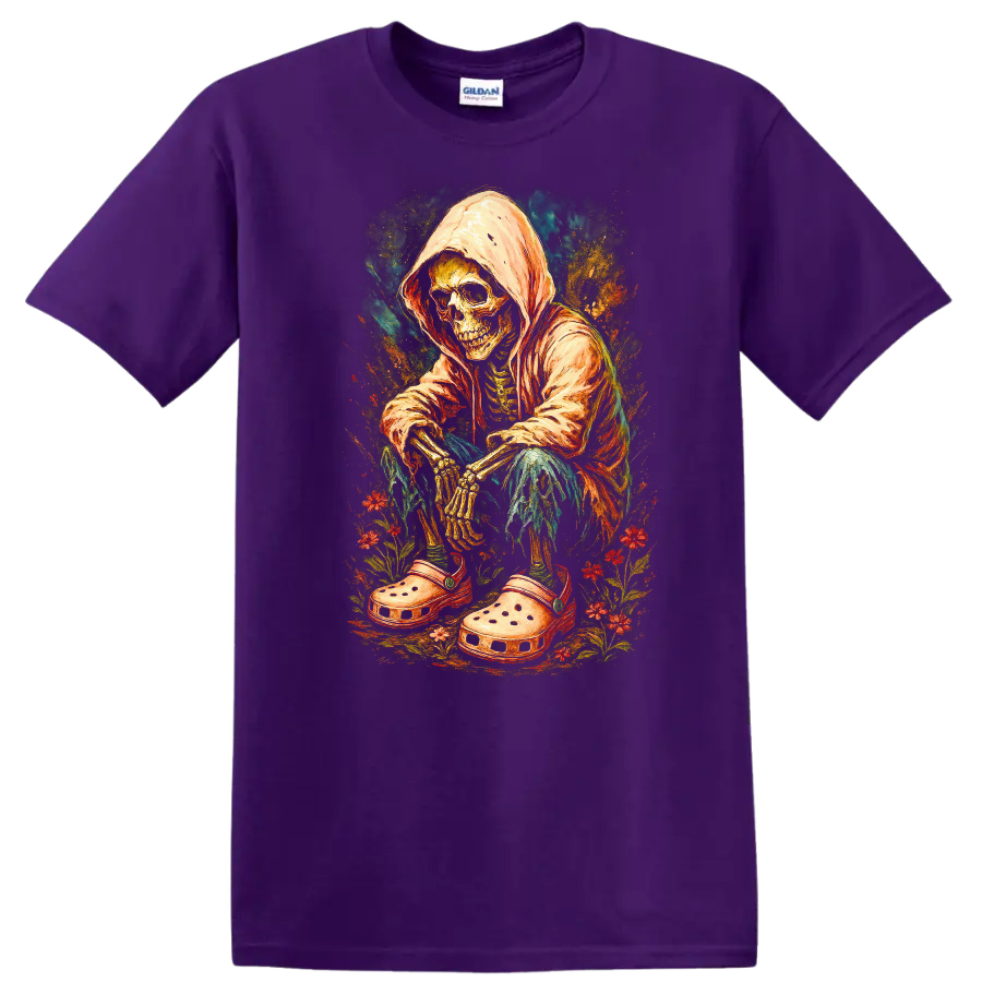 Vintage hooded skeleton in oversized clogs surrounded by colorful flowers on a Purple T Shirt