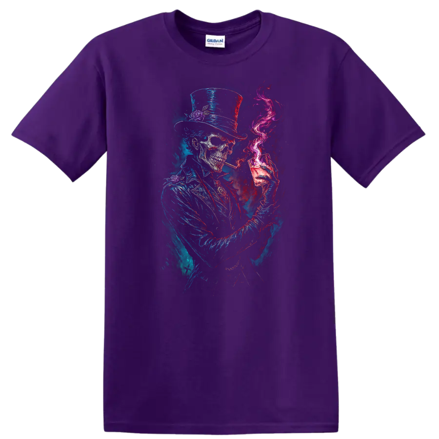 Gothic top-hat skeleton with cocktail glass, magenta smoke, and distressed skull art on a Purple T Shirt