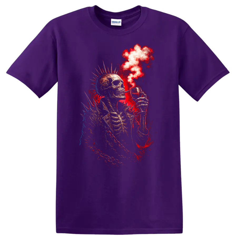 Spiked punk skeleton raising a cocktail amid red smoke in distressed gothic art on a Purple T Shirt